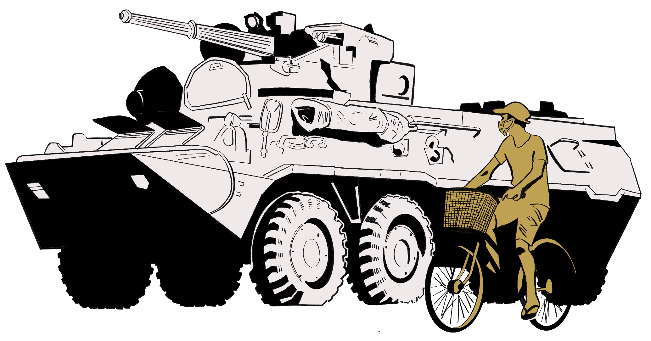 Illustration of armored personnel carrier with a civilian cycling past